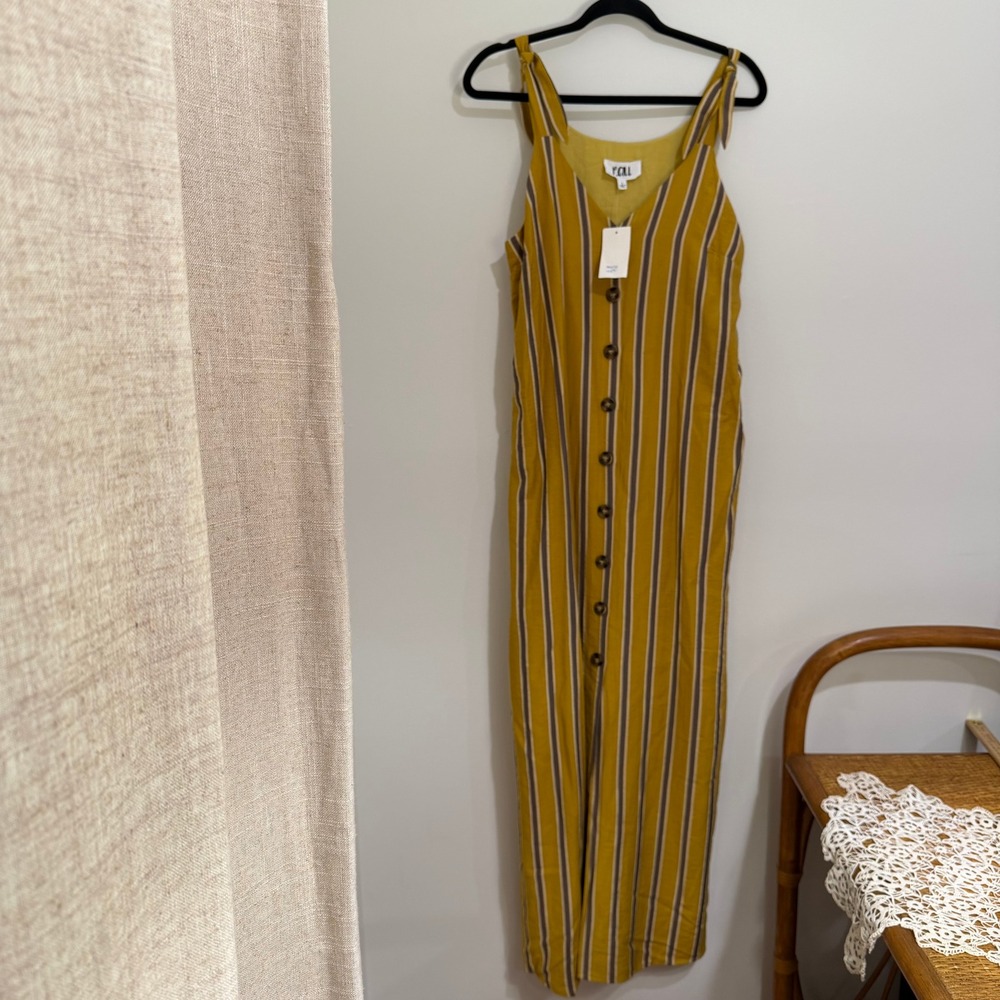 P.C.L. Mustard Yellow Striped Button Down Maxi Dress with Pockets Size L PD30075